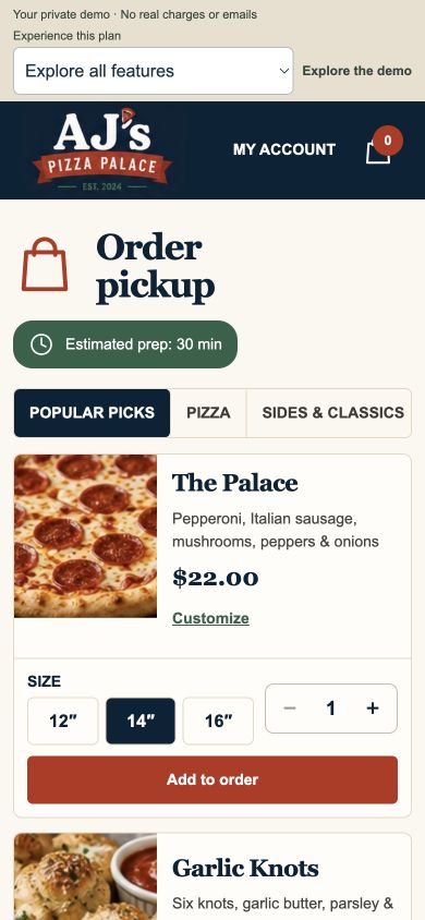 Actual mobile menu with prices, customization and pickup ordering controls