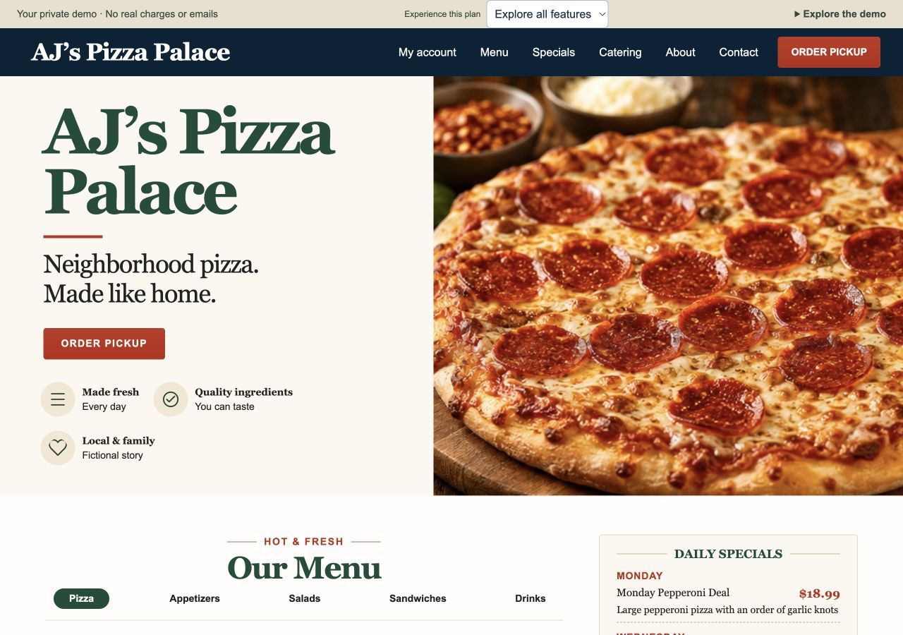 Fictional restaurant storefront with menu, specials, and a pickup ordering button.